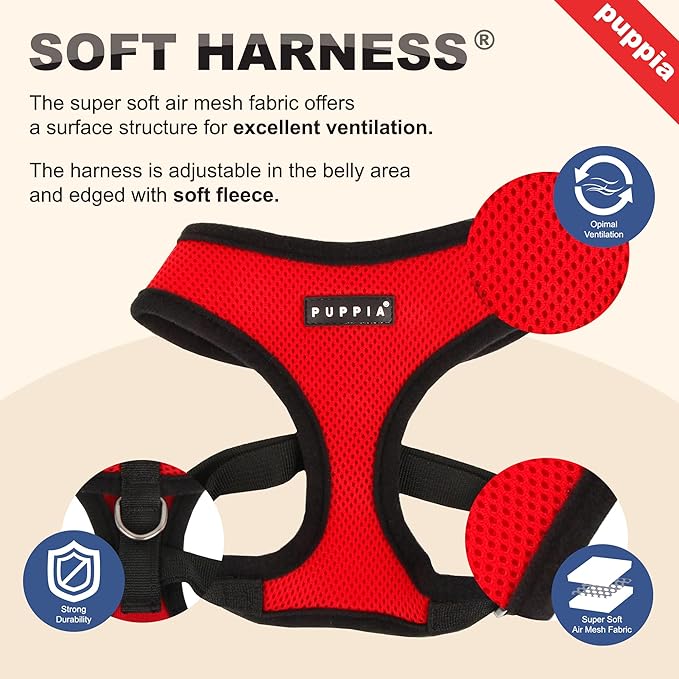 Puppia Soft Dog Harness No Choke Over-The-Head Triple Layered Breathable Mesh Adjustable Chest Belt and Quick-Release Buckle, Orange, Small