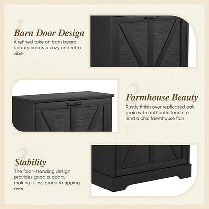 Semiocthome Farmhouse Shoe Storage Cabinet with 2 Flip Drawers, 23.6"(W) Freestanding Shoe Organizer with Barn Door and Metal Handles for Entryway, Corner Rustic Narrow Shoe Rack Cabinet - Black