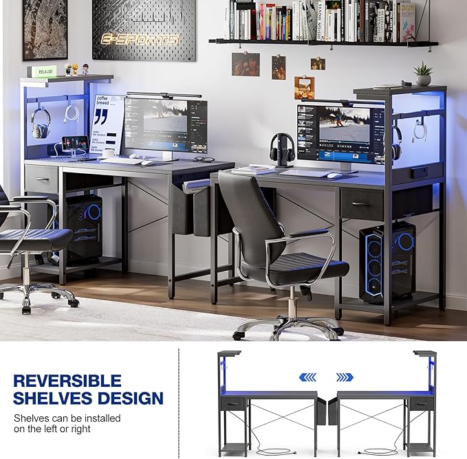 Gaming Desk 55 Inch with Power Outlet and LED Light, Computer Desk with Reversible Shelves and Storage Drawer, Pc Small Desk for Home Office Table with Bag, Carbon Fiber Grey