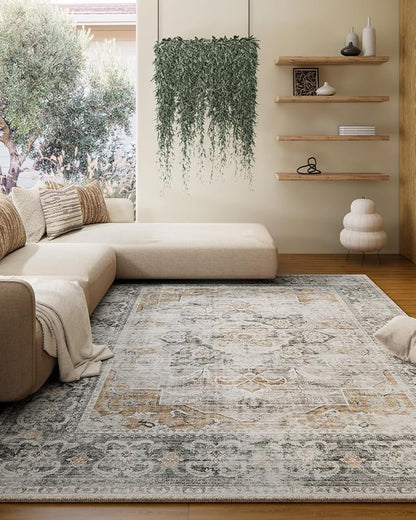 Machine Washable Living Room Rug: 5'x7' Bedroom Rugs Boho Vintage Large Rug Stain Resistant Non Slip Low Pile Faux Wool Soft Rugs for Dining Room Bedside Kitchen Entryway Nursery Home Office