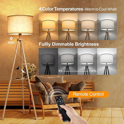 OUTON Wood Tripod Floor Lamp with Shelves, Mid Century Floor Lamp with Remote Control,4 Color Temperature, LED Modern Dimmable Standing Lamp with Beige Linen Shade for Living Room, Bedroom, Office