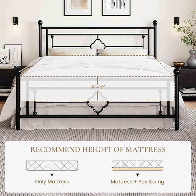 SHA CERLIN 14 Inches King Size Metal Platform Bed Frame/Vintage Iron-Art Headboard and Footboard/Mattress Foundation for Storage/No Box Spring Needed/Noise-Free/Easy Assembly/Black