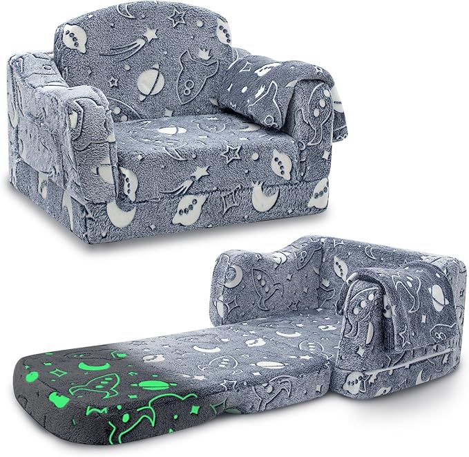 Comfy Toddler Couch and Chair for Kids with Blanket, 2-in-1 Soft Plush Fold Out Kids Sofa Chairs for Girls and Boys, Convertible Sofa to Lounger for Playroom, Glowing Starry Sky