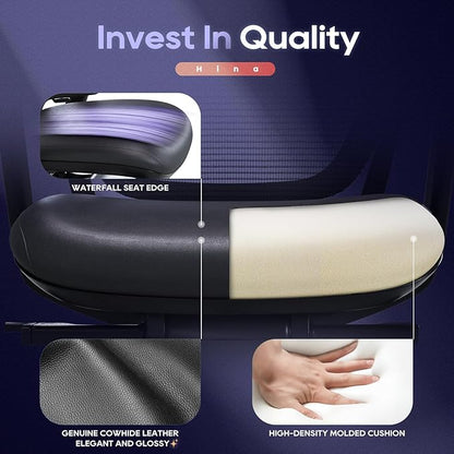 Ergonomic Office Chair Without Headrest, Genuine Leather Seat, Adjustable Seat Depth, 4D Armrests, Aluminum Alloy Base, Mesh Back, High-End Executive Desk Chair Black (Obsidian Black)