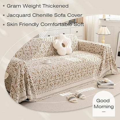 STACYPIK Khaki French Jacquard Couch Covers Thickened Boho L Shape Sofa Covers Soft Pets Protector for 3 Cushion Couch Washable Dogs Cats Couch Protector Cover Non Slip Throw Blanket-71X134IN