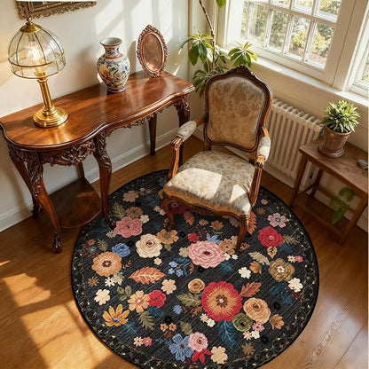 4x4 Round Bedroom Rug Washable: Round Rug Stain Resistant Green Floral Rug Non Slip Low Pile Small Carpet for Bedroom Kitchen Entryway Living Room Bedside Office Dorm Kids Room Entrance