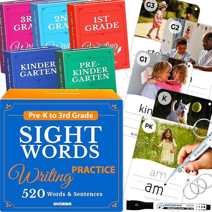 QUOKKA 520 Sight Words Flash Cards for Kids Adults – from Pre-K to 3rd Grade – 5 Levels & Bold Font & Jumbo Size & Dry Erase Cards with Realistic Images & Rings – Based on Dolch & Fry Word Lists