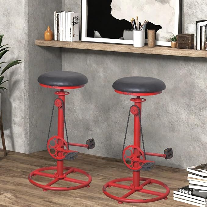 Topower Vintage DIY Bar Stool Bicycle Chain Iron Pedal Retro Industrial Height Adjustable Bicycle Wheel Design bar Chair Set of 2 Antique Red
