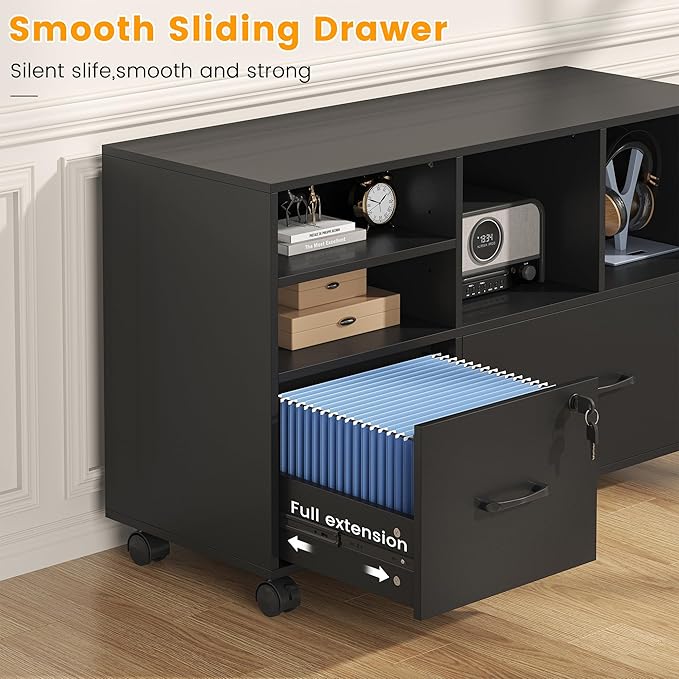 2 Drawer Wood Mobile Large Lateral File Cabinet with Lock, Lockable Rolling Filing Cabinet with Storage Shelves, Printer Stand Office Storage for Home Office Fits Files Legal/A4,Black