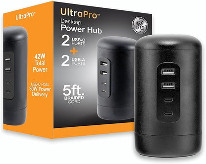 GE USB Desktop Charging Station, 30W 5ft 2 USB C Ports, 2 USB A Ports, Multiport USB Charging Station, USB Desktop Charger Station for iPhone 16 Series, 15 Series, iPad Pro, Smart Watch, Black, 82583