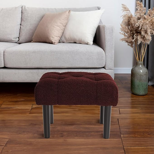 HOUCHICS Fur Padded Foot Stool, Small Ottoman Foot Rest with Wooden Legs,Modern Rectangle Chair Foot Rest Foot Step Stool for Living Room, Couch, Desk（Wine Red