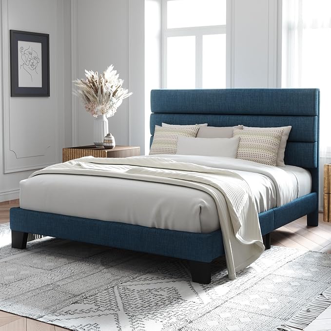 Allewie Full Size Platform Bed Frame with Fabric Upholstered Headboard and Wooden Slats Support, Fully Upholstered Mattress Foundation/No Box Spring Needed/Easy Assembly, Navy Blue