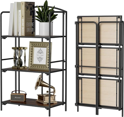 Crofy No Assembly Folding Bookshelf for Living Room, 3 Tier Black Collapsible Book Shelf for Home Office, Portable Bookcase Storage Organizer