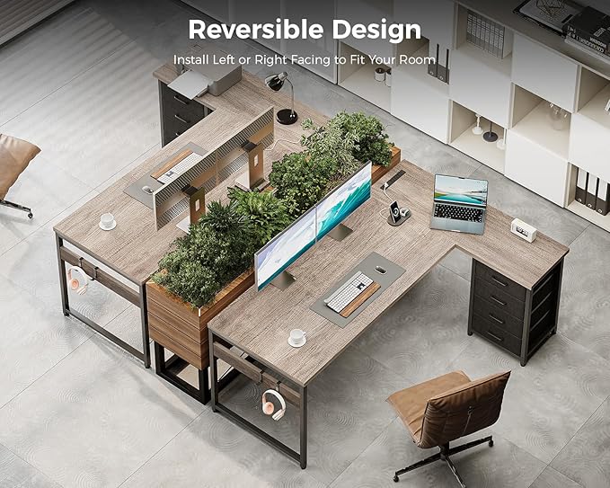 AODK L Shaped Desk with 4 Tier Drawers, 61" Reversible Gaming Desk with Power Outlets, L Shaped Computer Desk with USB Charging Port and Host Stand, Home Office Corner Desk, Easy to Assemble, Grey Oak