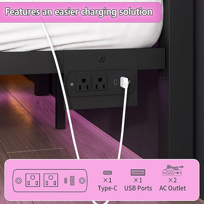 Queen Bed Frame with Headboard and Footboard,Steel Slats Support-LED Bed Frame with USB Charging Station,Mattress Foundation-Under Bed Storage,No Box Spring Needed,Noise Free,Black
