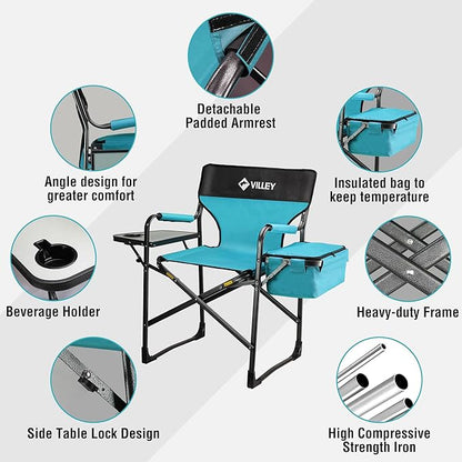 VILLEY Heavy Duty Directors Chair, Folding Camping Chairs, with Cooler Bag Portable Foldable Chair, for Camp Tailgating Lawn Picnic Fishing Beach, Supports 400 LBS, Blue