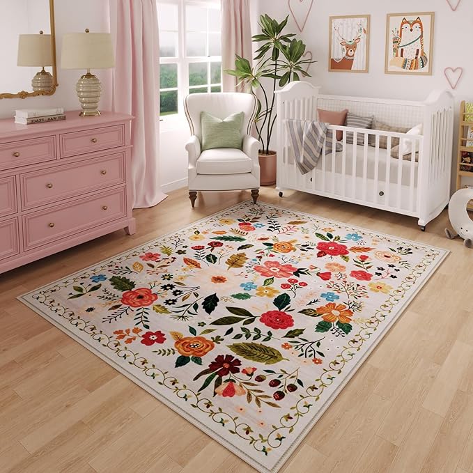 Rugcomf Area Rug 4x6 Rug Washable Boho Rugs Non Slip Low Pile Floral Small Carpet for Bedroom, Bedside, Kids Room, Office, Dining Room(Beige)