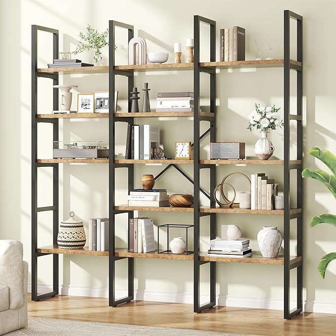 70.86" Modern Bookshelf and Bookcases with 13 Open Display Shelves, Triple Wide 5-Tier Industrial Large Book Shelf with Metal Frame, Tall Etagere Book Case for Home & Office, Rustic Brown