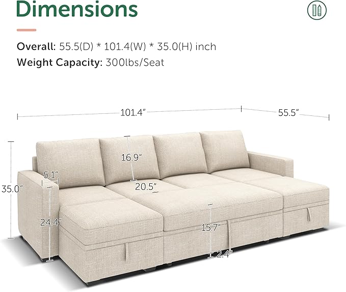 HONBAY Modular Sectional Sleeper Sofa Bed, Sectional Couch with Pull Out Bed U Shaped Modular Couch with Storage Ottoman for Living Room, Beige