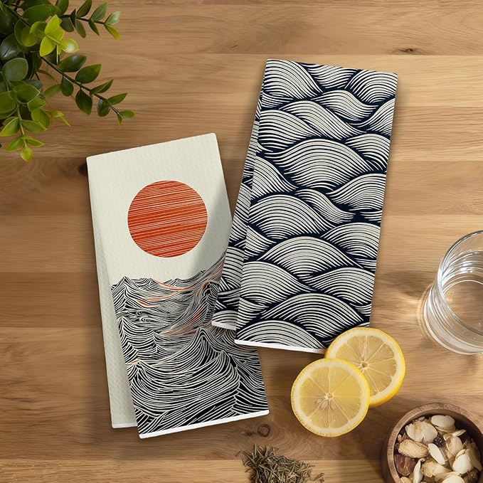 Japanese Sun Waves Kitchen Dish Towels, Ocean Lover Gifts, Boho Asian Oriental Coastal Nautical Decorative Hand Tea Towels for Bathroom Kitchen, 16x24 Inches Set of 3