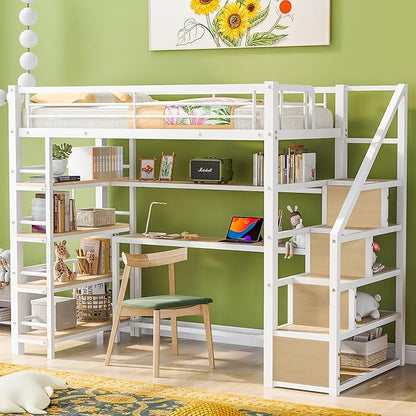 Twin Size Metal Loft Bed with Staircase,Full-Length Guardrails,a Built-in Desk and a 3-Tier Shelf,No Box Spring Needed,Noise Free,for Juniors&Adults,White