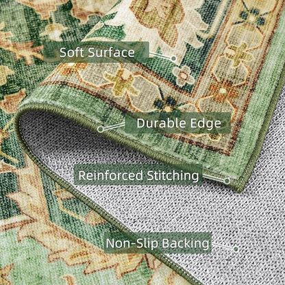Deerly Green Rug 8x10 Area Rug for Living Room Bedroom Washable Rugs Large Boho 8x10 Rug for Dining Room Carpet Non-Slip Distressed Carpet Rugs Print Floor(Border Green)