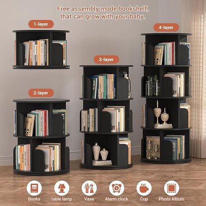 Rotating Bookshelf, Wood Corner Bookshelf, 360 Display Spinning Bookcase Storage Rack, 4 Tier Floor Standing Revolving Bookcase Narrow Book Shelf Organizer for Small Space, Bedroom, Black