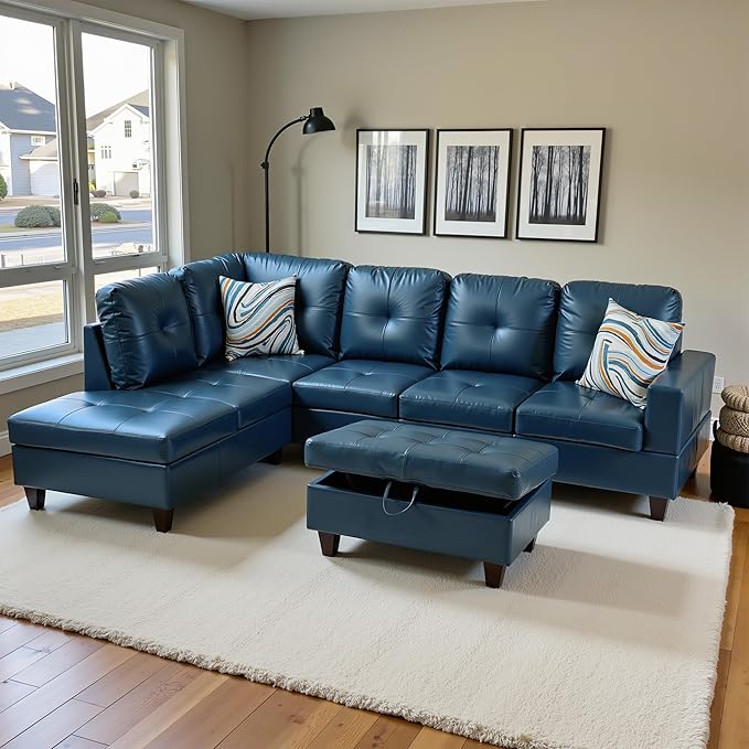 Osparple Sectional Couches for Living Room PU Leather L Shaped Couch 3 Pieces Modular Sectional Sofa with Storage Ottoman for Living Room and Small Apartment, Peacock Blue