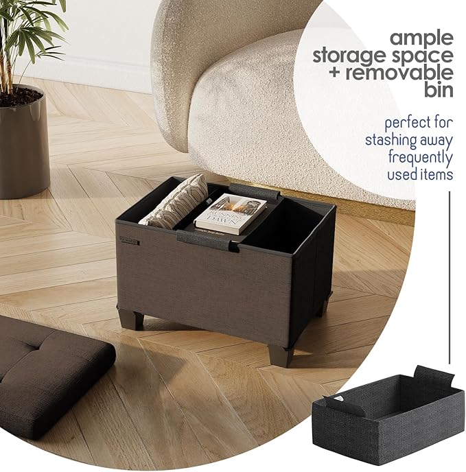 STORAGEBUD Storage Ottoman Cube with Small Bin, 16-in Square Ottoman with Storage for Living Room and Bedroom, Small Ottomans Foot Rest, Fabric Foot Stools Ottomans Max 330lbs, Brown