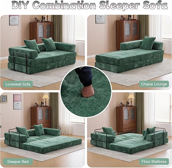 Convertible Sofa Bed, Compression Futon Sofa with Pillows & Armrest, Foldable Mattress Couch with Fixed-Shape Frame, Comfy Couch Lounge Sleeper Bed for Living Room Bedroom, Dark Green