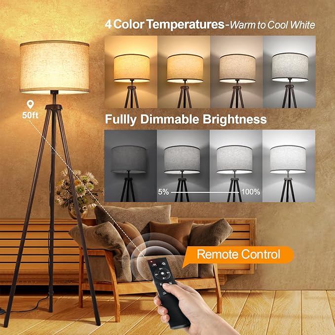 OUTON Wood Tripod Floor Lamp, Mid Century LED Dimmable Floor Lamp with Remote Control, 4 Color Temperature, Sturdy Tall Standing Lamp with Beige Linen Texture Shade for Living Room, Bedroom, Office