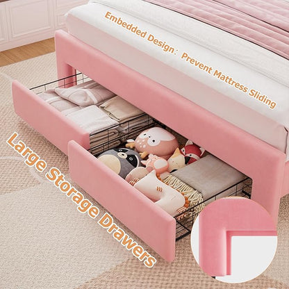 Full Upholstered LED Bed Frame with 2 Storage Drawers and Adjustable Chic Double Wavy Headboard, Velvet Princess Platform Bed with Charing Station, Solid Wood Slats Support,No Box Spring Needed, Pink
