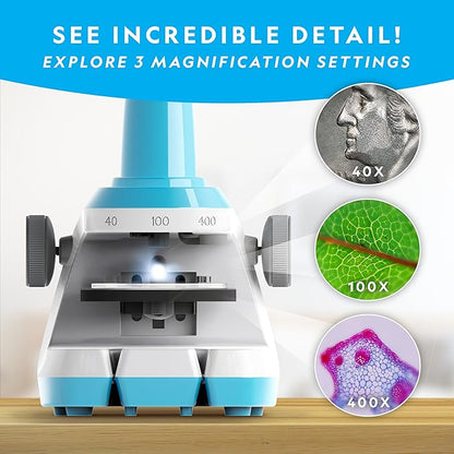NATIONAL GEOGRAPHIC Microscope for Kids - Science Kit with an Easy-to-Use Kids Microscope, Up to 400x Zoom, Blank and Prepared Slides, Rock & Mineral Specimens, STEM Project Toy