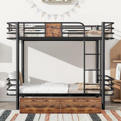 Twin XL Over Twin XL Metal Bunk Bed with MDF Board Guardrail,an Integrated Ladder,Full-Length Guardrails and Two Storage Drawers,Industrial Modern bunk-Bed,No Box Spring Needed,Black