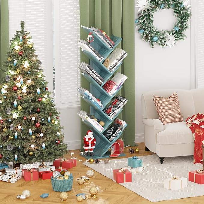 10 Tier Tree Book Shelf, Floor Standing Wood Bookshelf for Narrow Space, Storage Organizer Bookshelves for Books/CDs/Magazine, Bookcase with Shelves for Home Office, Living Room - Blue