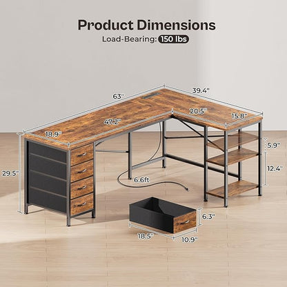Huuger 63 Inch L Shaped Desk with Fabric Drawers, Computer Office Desk with Power Outlets and USB-C Port, Corner Desk with Storage Shelves, for Gaming Work Study Home Office, Reversible, Rustic Brown