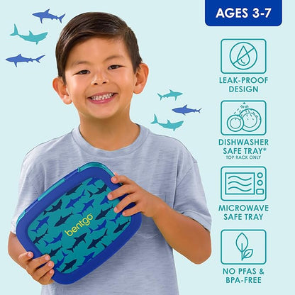 Bentgo Kids Prints Leak-Proof, 5-Compartment Bento-Style Kids Lunch Box - Ideal Portion Sizes for Ages 3-7, Durable, Drop-Proof, Dishwasher Safe, & PFAS & BPA-Free Materials (Sharks)