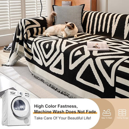 STACYPIK Durable Boho Couch Cover for Dog Anti-Scratch Black White Triangle Sofa Cover for 2 Cushion Couch Anti Slip L Shaped Couch Cover Reversible Loveseat Covers Multi-Use Sofa Throw Cover-91X118IN
