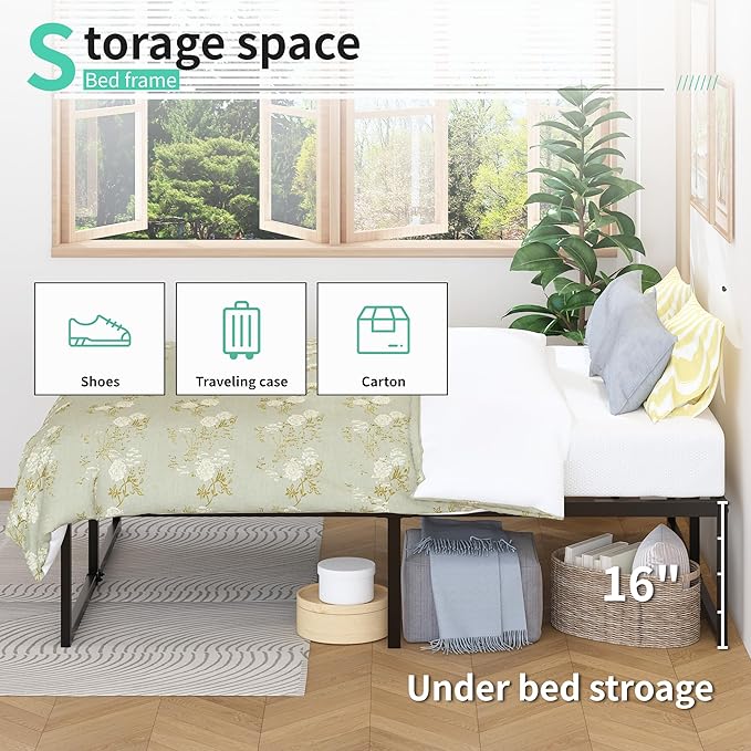 18 Inch Queen Bed Frame Heavy Duty Steel Slat Support Metal Queen Size Platform Bed Frame No Box Spring Needed, Easy Assembly, Black