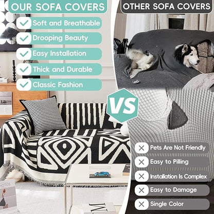 STACYPIK Modern Boho Sofa Cover for Dogs Chenille Couch Cover with Tassels Reversible Anti Slip Sofa Slipcover for 3 Cushion Couch Soft Black Beige L Shaped Cover Multi-Use Throw Blankets-71X134IN