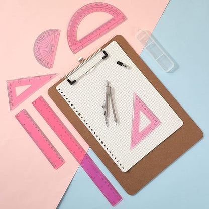 Zonon 1 Set Plastic Geometry Math Set Includes Drawing Compass, 6 Inch 4 Inch Protractor, 45/60 Degree Triangle Rulers 12 Inch 6 Inch Math Ruler Transparent for Office Supplies (Pink)