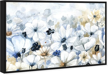 The Oliver Gal Artist Co. Floral and Botanical Wall Art Framed Canvas Prints 'Fields Flowers Home Décor, 45" x 30", Blue, White