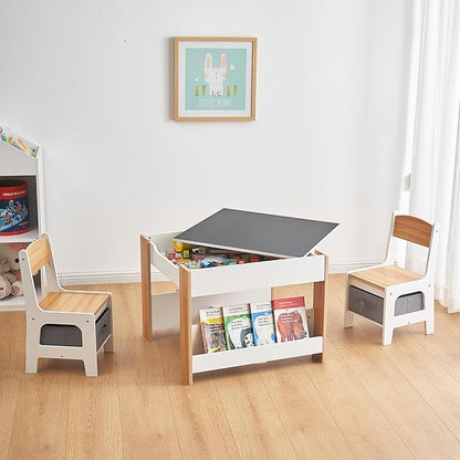 Asweets Kids Table and Chair Set,4 in 1 Toddler Desk with Storage Drawer,Wooden Activity Table for 2 in 1 Detachable Tabletop,Bookshelf,Suitable for Classroom,Home,Nursery,Playroom (Natural White)