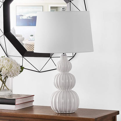 Safavieh Lighting Collection Corina White Triple Gourd Ceramic 26-inch Bedroom Living Room Home Office Desk Nightstand Table Lamp (LED Bulb Included)