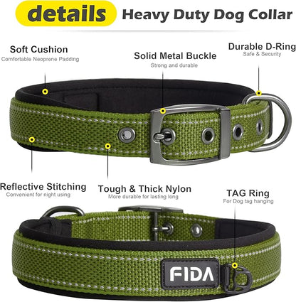 Fida Heavy Duty Dog Collar for Medium Dogs, Ultra Comfortable Soft Neoprene Padded, Adjustable Reflective Nylon Pet Collar with Durable Metal Belt Buckle for Medium Breeds (M, Green)