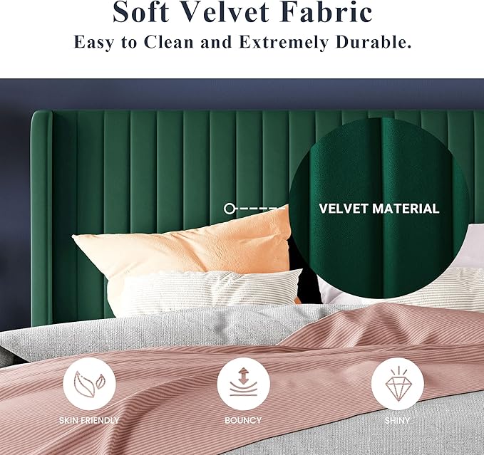 Allewie Queen Size Bed Frame/Velvet Upholstered Platform Bed/Vertical Channel Tufted Wingback Headboard/Strong Wooden Slats/No Box Spring Needed/Easy Assembly/Green