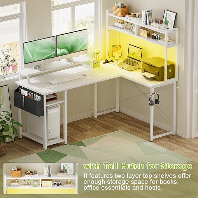 Small L Shaped Desk Gaming Desk with Power Outlets, 48" Reversible L Shaped LED Computer Desk with Monitor Stand & Storage Shelf, Corner Gamer Desk Home Office Desk with Storage Bag, White