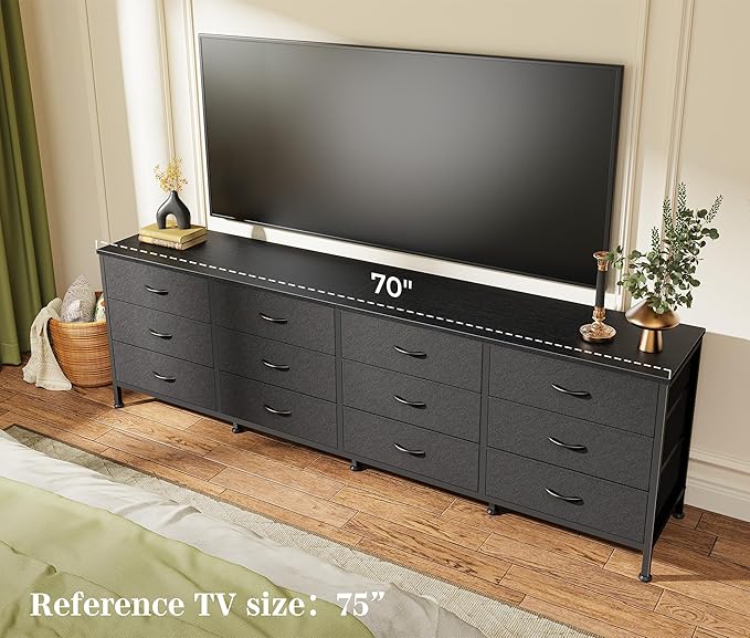 Huuger 70 Inch Black Dresser for Bedroom, TV Stand for 65, 75, 80 Inch TV, 12 Fabric Drawer Long Dresser, Wide Chest of Drawer, Storage Units for Living Room