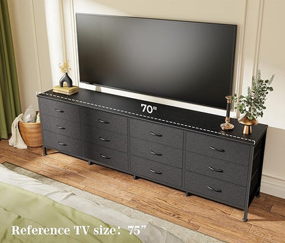 Huuger 70 Inch Black Dresser for Bedroom, TV Stand for 65, 75, 80 Inch TV, 12 Fabric Drawer Long Dresser, Wide Chest of Drawer, Storage Units for Living Room