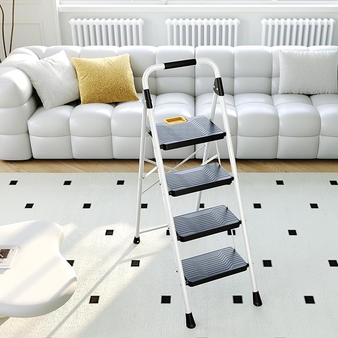 KINGRACK 4 Step Folding Ladder, 800lbs Capacity Step Stool with Safety Lock, Non-Skid Wide Pedals, and Handrail, Lightweight, Household Ladder for Home, Kitchen, Pantry, Closets, and Office Use, White